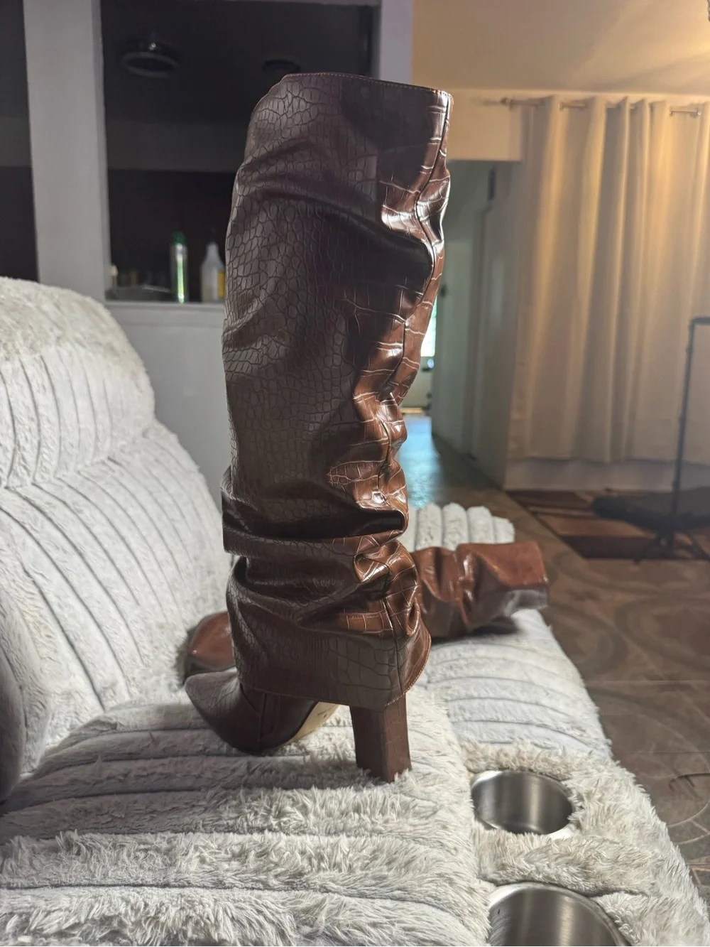 Croc-Embossed Slouch Over-the-Knee Boot in Brown